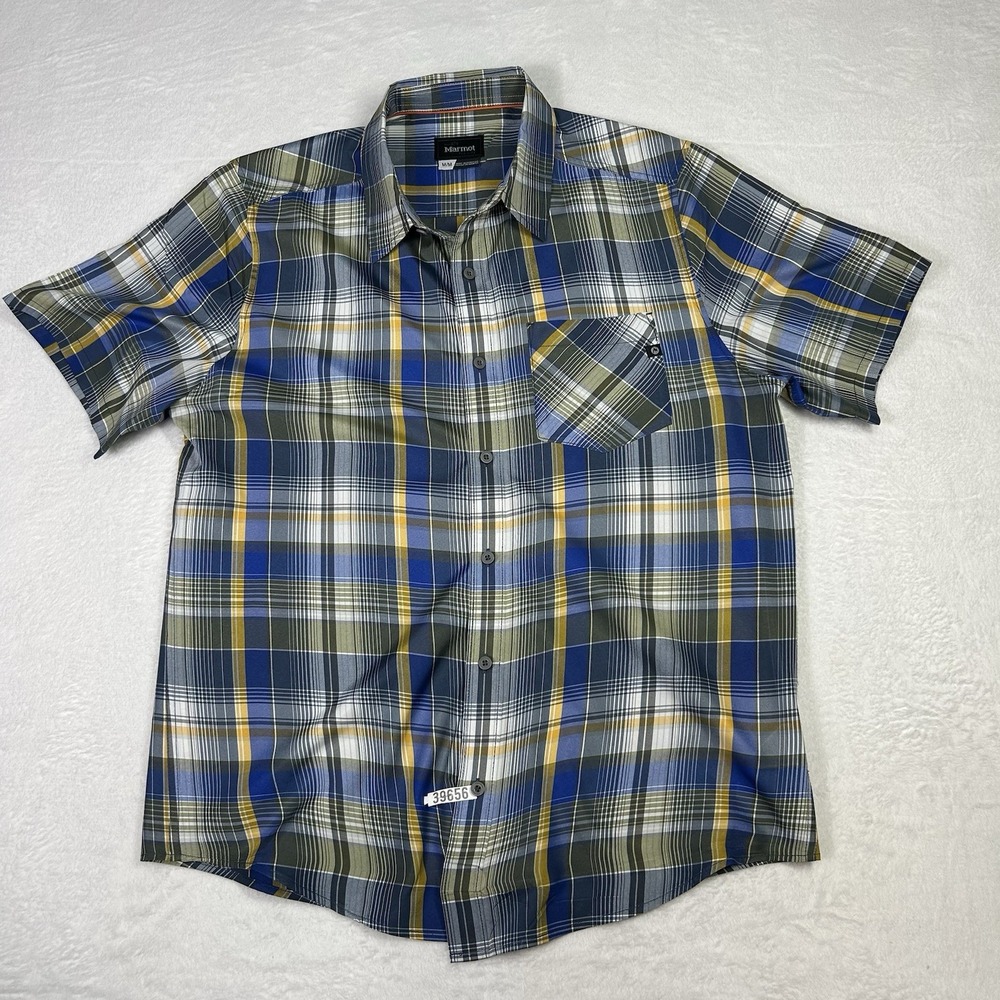 Marmot Shirt Mens Size Medium Blue Plaid Short Sleeve Hiking Outdoor Logo